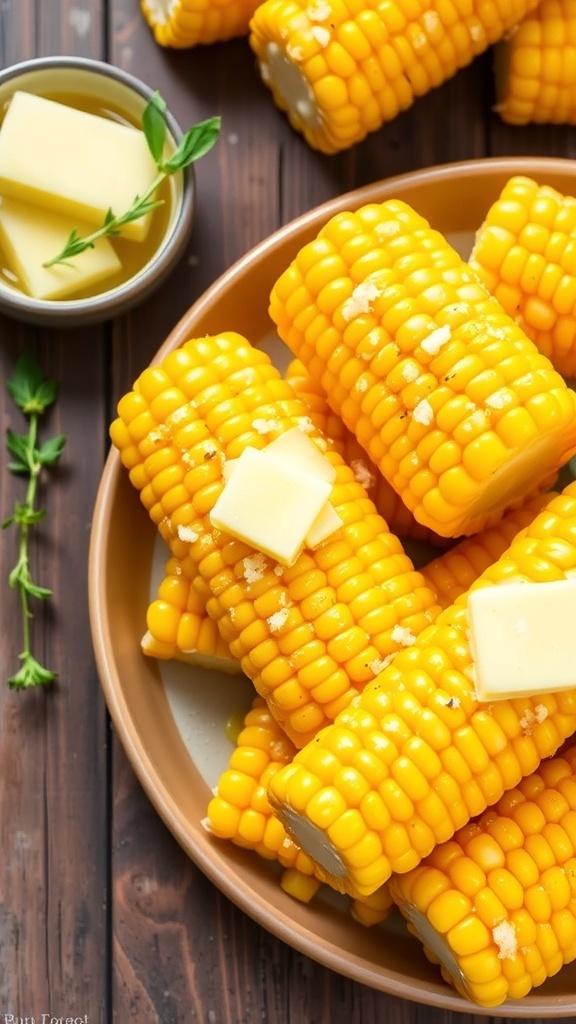 Freshly cooked buttery corn on the cob on a rustic plate, garnished with herbs and butter.